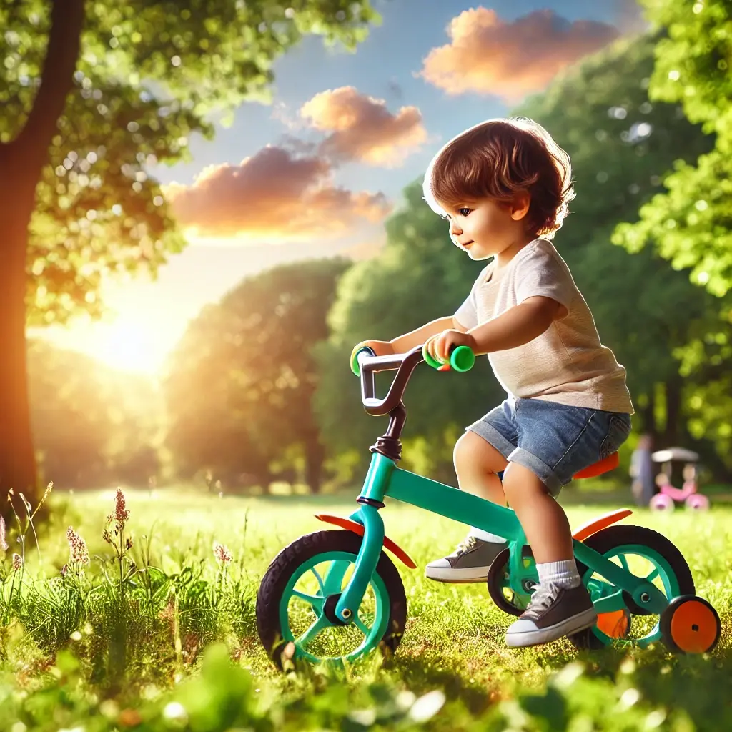 Dall e 2024 10 03 22 28 49 a young toddler riding a smaller high end children s bicycle in a natural setting the bike is designed for a younger child featuring a compact fram